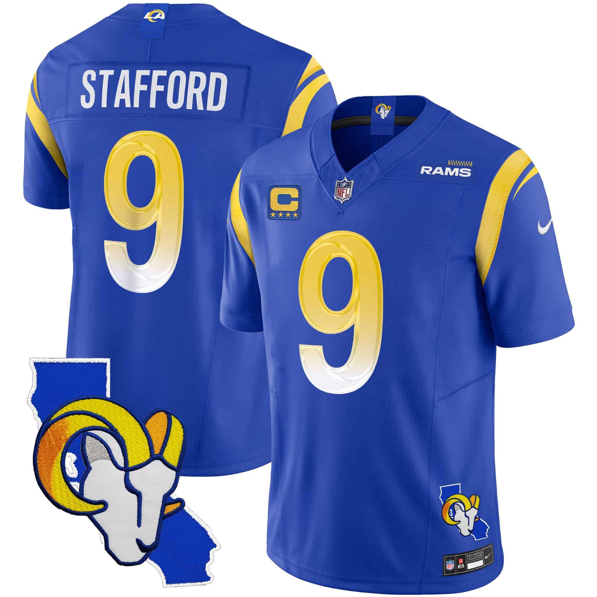 Men Los Angeles Rams 9 Stafford Blue 2024 Nike California Patch Vapor Limited NFL Jersey style 1